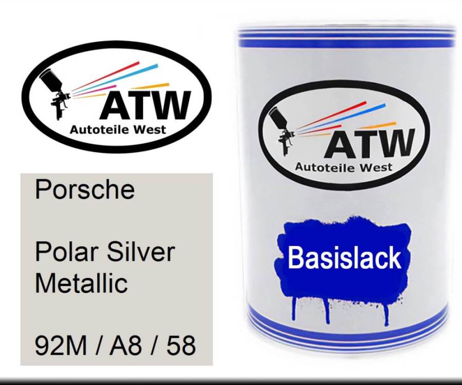 Porsche, Polar Silver Metallic, 92M / A8 / 58: 500ml Lackdose, von ATW Autoteile West.
